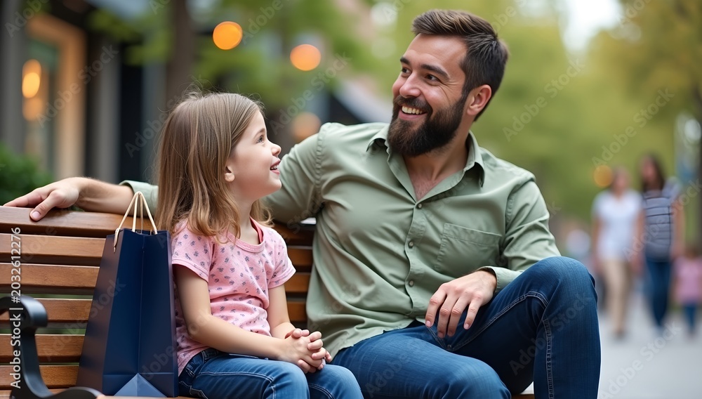 Obraz premium Happy Father And Daughter Sitting On A Bench