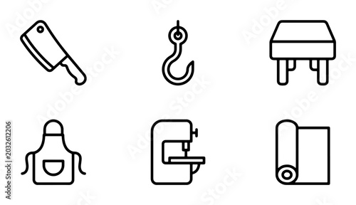 Tableau sur toile Kitchen and Craft Icons: Butcher Knife, Hook, Table, Apron, Sewing Machine, Roll