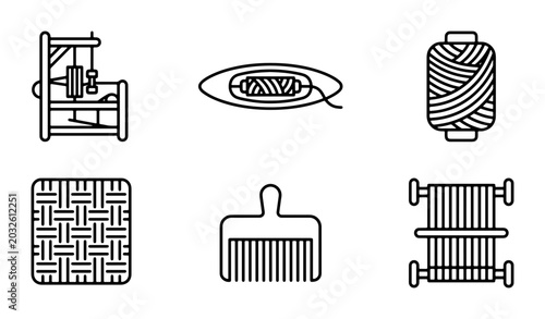 Tableau sur toile Textile Craft Icons: Loom, Bobbin, Yarn Spool, Woven Fabric, Comb, Warping Mill
