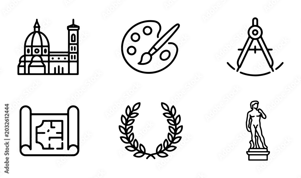 Fototapeta premium Renaissance Art Icons: Florence Duomo, Palette, Compass, Blueprint, Laurel Wreath, David Statue