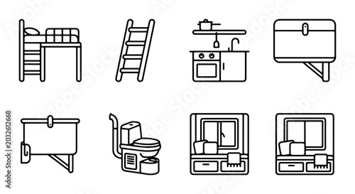 Foto Minimalist Line Art Icons: Bunk Bed, Ladder, Kitchenette, Chest, Toilet, Window