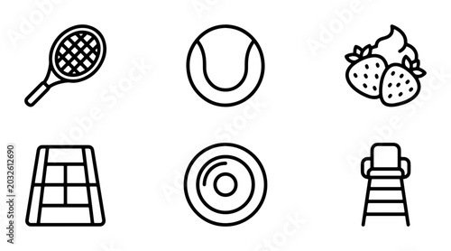 Tennis Icons Set: Racket, Ball, Court, Umpire Chair, Strawberry Dessert, Target Vector Graphics