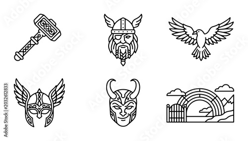 Photos Viking Norse Mythology Icons: Thor's Hammer, Odin, Valkyrie Helmets, Eagle, Rain