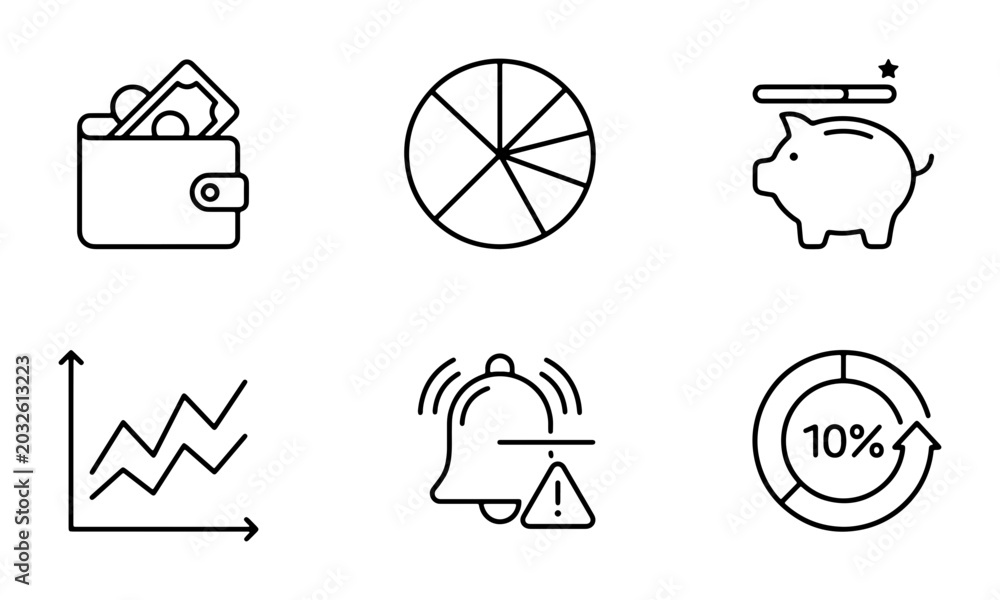 Obraz premium Finance Icons Set: Wallet, Piggy Bank, Chart, Pie Chart, Alert, 10% Cycle