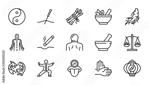 Traditional Chinese Medicine Icons Set, Acupuncture, Herbs, Wellness, Yin Yang, Balance