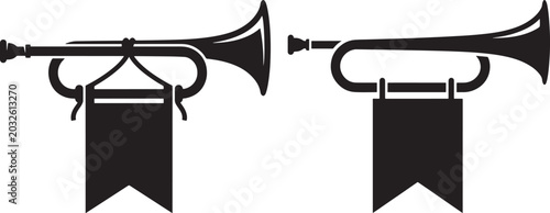 Tableau sur toile Bugle horn with banner for music and fanfare.