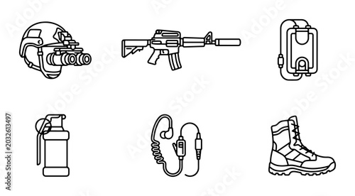 Obraz na plátně Military Gear Icons: Tactical Helmet, Rifle, Grenade, Boots, Communication Set