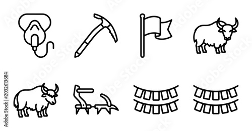 Foto Mountain Expedition Icons: Yak, Oxygen Mask, Ice Axe, Flag, Crampons, Bunting