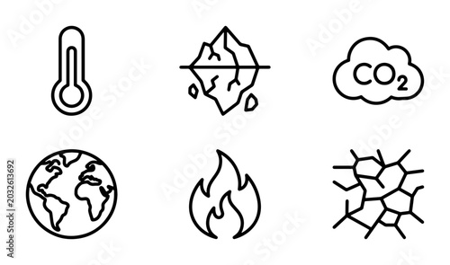 Foto Climate Change Icons: Global Warming, CO2, Drought, Thermometer, Iceberg, Fire