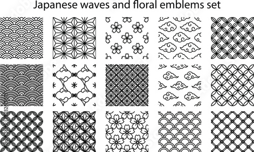 Japanese waves and floral emblems set, traditional seamless patterns, vector illustration isolated on white background