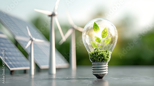 Sustainable Energy Concept with Solar Panels and Eco-Friendly Light Bulb Featuring a Green Leaf Plant Illustration