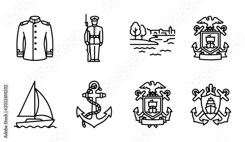 Photos Nautical Navy Icons: Military Uniform, Soldier, Sailboat, Anchor, Crests, Landsc