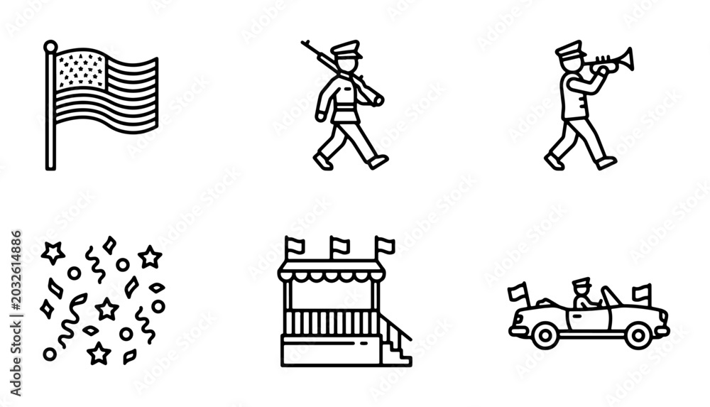 Naklejka premium Patriotic Parade Icons, American Flag, Marching Band, Convertible Car