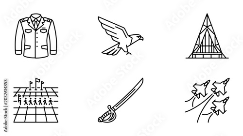 Tableau sur toile Military Icons Set: Uniform, Eagle, Building, Parade, Sword, Jets, Vector Graphi