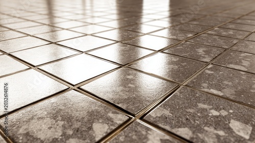Close-up view of a tiled floor with reflective surface and grout lines, showing geometric pattern with light and shadows
