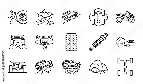 Bild auf Leinwand Off-Road Vehicle Icons, 4x4 Adventure Graphics, Extreme Terrain Vector Set