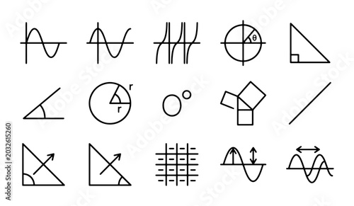 Photos Math Icons Set, Geometry Symbols, Trigonometry Graphics