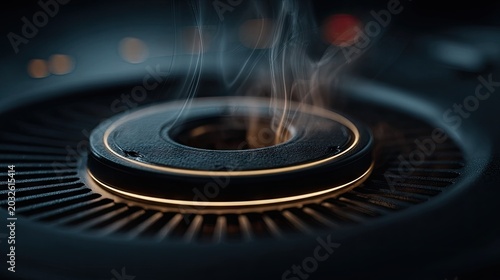 Close-up of a burning incense coil emitting smoke, placed on a decorative surface with a dark background for relaxation or meditation themes