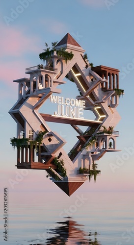 Surreal Floating Architectural Structure with Staircases and Greenery Over Calm Water at Sunset