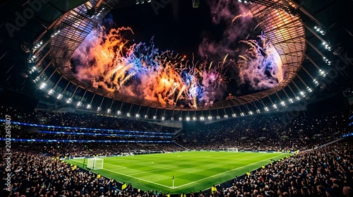 Spectacular fireworks display over illuminated soccer stadium field