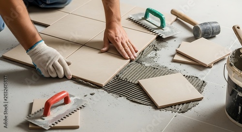 Professional worker laying beige ceramic floor tiles with adhesive mortar and notched trowel