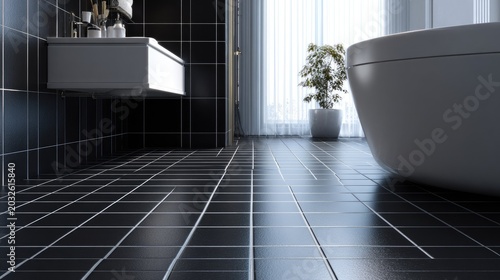 Modern bathroom with black tiles, white bathtub, glass window, and potted plant, minimalist and contemporary interior design
