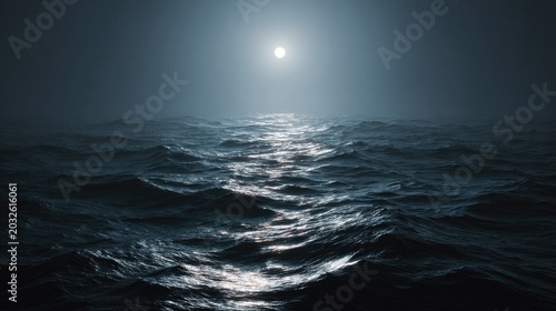 Serene ocean scene under a full moon with shimmering water and peaceful midnight atmosphere over endless waves