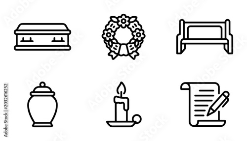 Funeral Icons Set, Grief Symbols, Memorial Vector Graphics