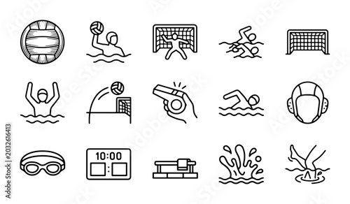 Quadro su tela Water Polo Icons Set, Sport Line Art Collection, Aquatic Game Graphics