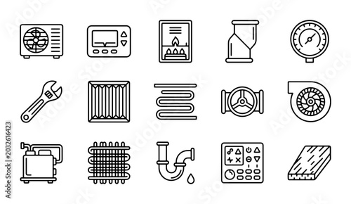 HVAC Icons Set, Heating and Cooling System Components, Plumbing Tools