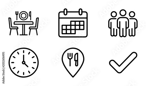 Restaurant Icons Set, Calendar, Clock, People, Location Pin, Checkmark
