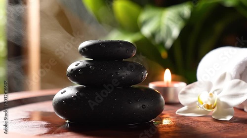 Spa composition with smooth stones on fabric with water drops, candle and green plants on a blurred background. Concept of relaxation, massage, wellness, harmony, balance and body care.
