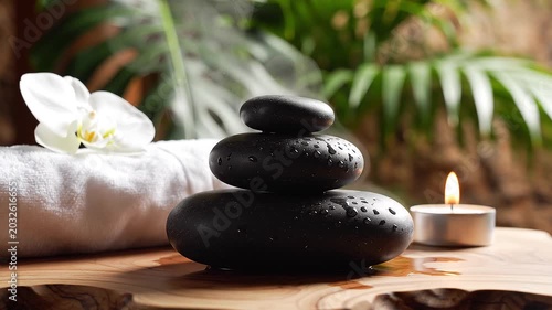 Spa composition with smooth stones on fabric with water drops, candle and green plants on a blurred background. Concept of relaxation, massage, wellness, harmony, balance and body care.