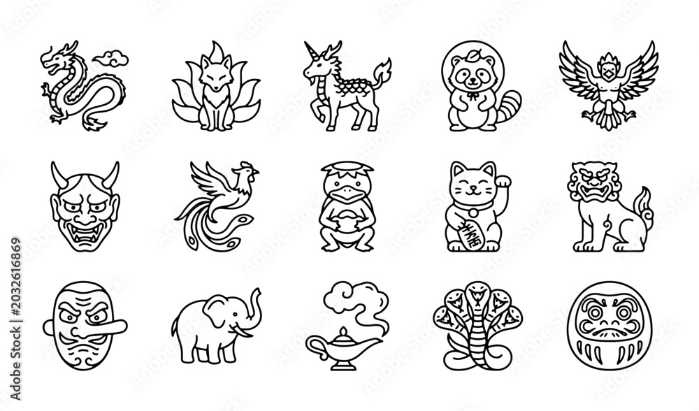 Obraz premium Japanese Folklore Icons: Mythical Creatures, Spirits, and Symbols Vector Set