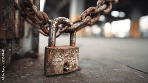 Rusty Padlock and Chain Securing an Industrial or Urban Area with Weathered Metal Surface and Bokeh Background