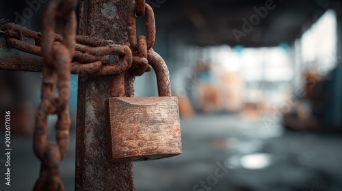 Close-up of rusty chain and padlock securing a gate or fence on an industrial or construction site during daytime