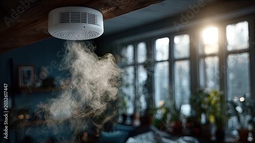 Modern indoor living room with air purification device emitting mist during sunny daylight