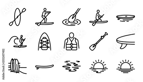 Bild auf Leinwand Stand Up Paddleboard Icons, Kayak, Surfboard, Water Sports Vector Set, Outdoor A