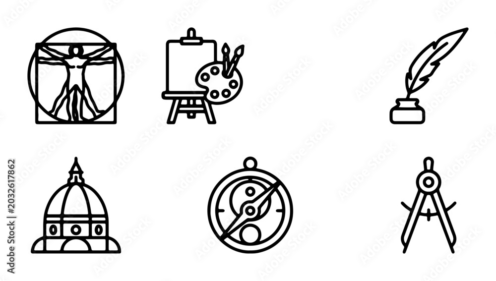 © Rayhan - Renaissance Icons Set: Vitruvian Man, Easel, Quill, Dome, Compass, Divider