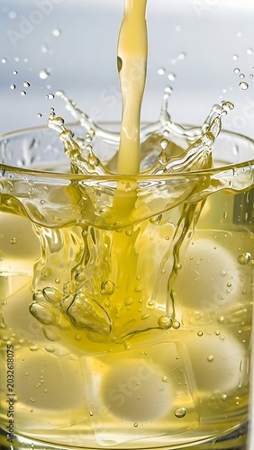 Refreshing Yellow Liquid Splash with Ice Cubes in a Glass