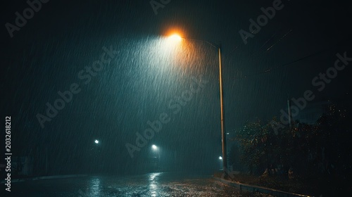 Nighttime street scene during heavy rain with illuminating streetlamp and reflections on wet pavement under dark cloudy sky
