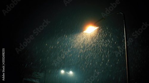 Bright Street Light Illuminating Heavy Rain During Night with Lightning in Dark Sky