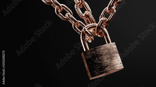 Close-up of a metal chain and padlock symbolizing security, protection, restriction, and safety against a dark background
