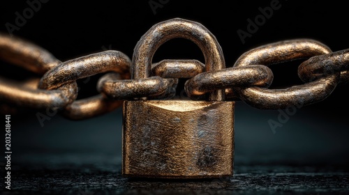 Close-up of a metallic padlock securing a weathered chain against a dark background