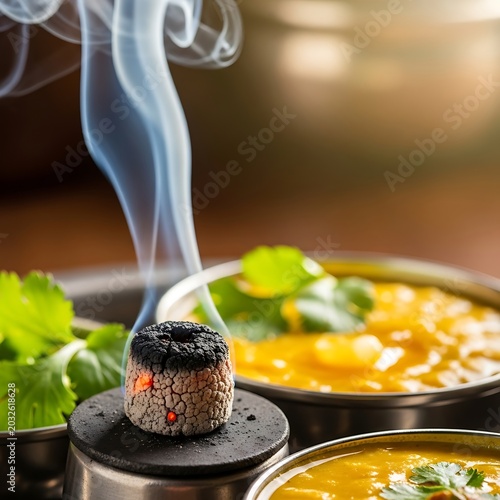 Smoking Charcoal Briquette for Traditional Dhungar Infusion in Indian Dal Curry