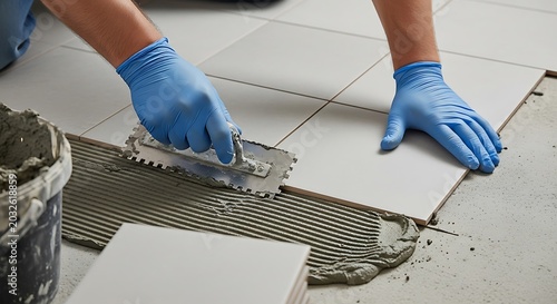 Tiler installing ceramic floor tiles using adhesive and notched trowel