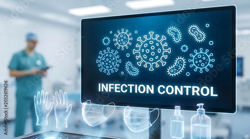 Advanced medical infection control screen interface with glowing virus icons surgical gloves and protective face mask elements displayed in clinical healthcare space.