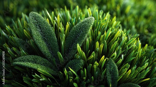 Close-up of lush green grass with soft moss-covered leaves in a vibrant garden setting, focus on detailed plant textures and rich foliage