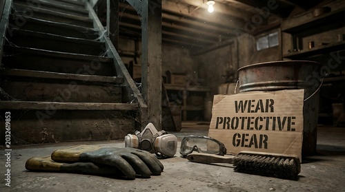 Dark basement safety scene with wear protective gear cardboard sign industrial respirator mask goggles heavy duty gloves and cleaning brush on concrete floor area.