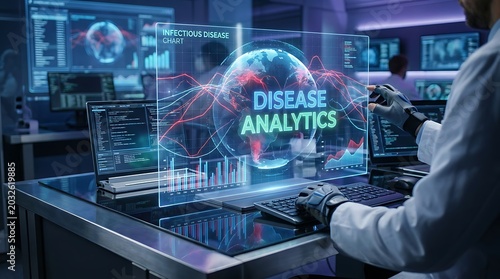Professional medical researcher working at desk analyzing infectious disease charts with holographic data interface for clinical healthcare analytics research project.